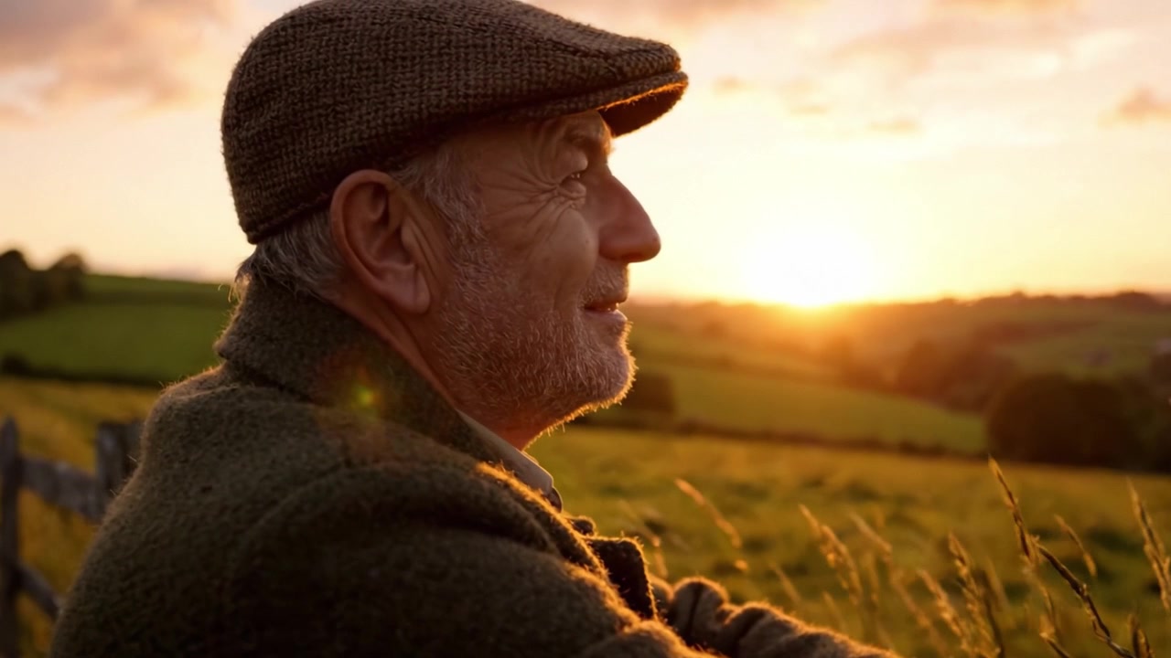 Una Figura Contemplativa Guarda un Tramonto Mozzafiato, Incorniciato da Campi Rigogliosi e Luce Dorata, Riflettendo sulla Bellezza della Natura e sul Passare del Tempo