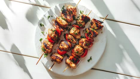 Grilled-Chicken-Skewers-with-Vegetables-on-White-Table