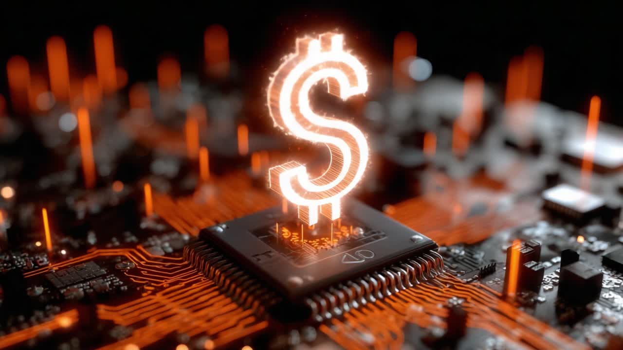 A Stunning Depiction of Digital Currency Represented by a Dollar Sign Above a Circuit Board, Symbolizing the Fusion of Technology and Finance