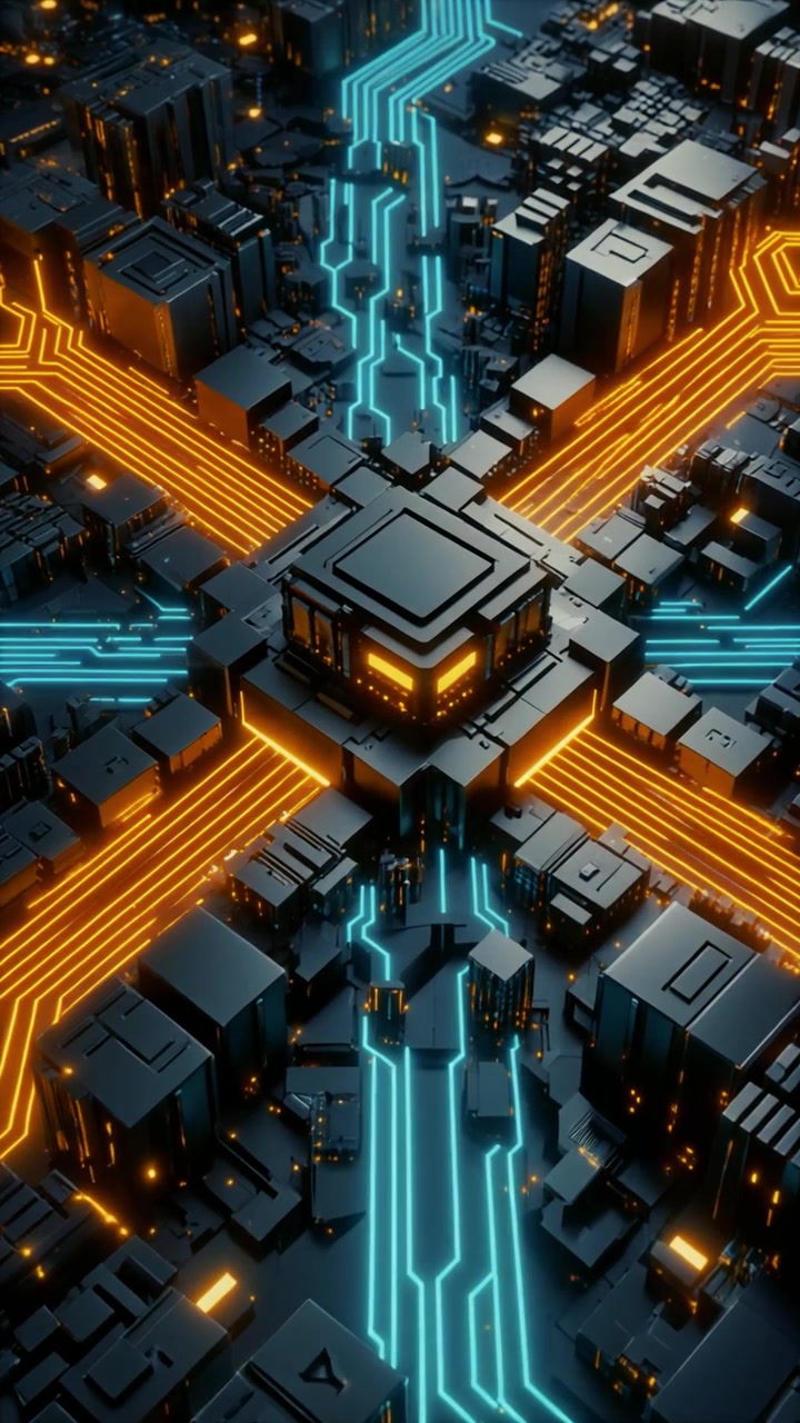 Futuristic Computer Processor Chip with Glowing Data Circuits