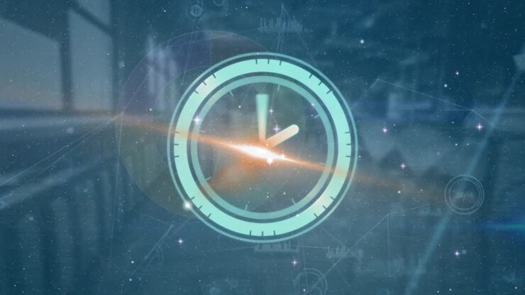 Animation of moving clock and network of connections with data processing over empty office