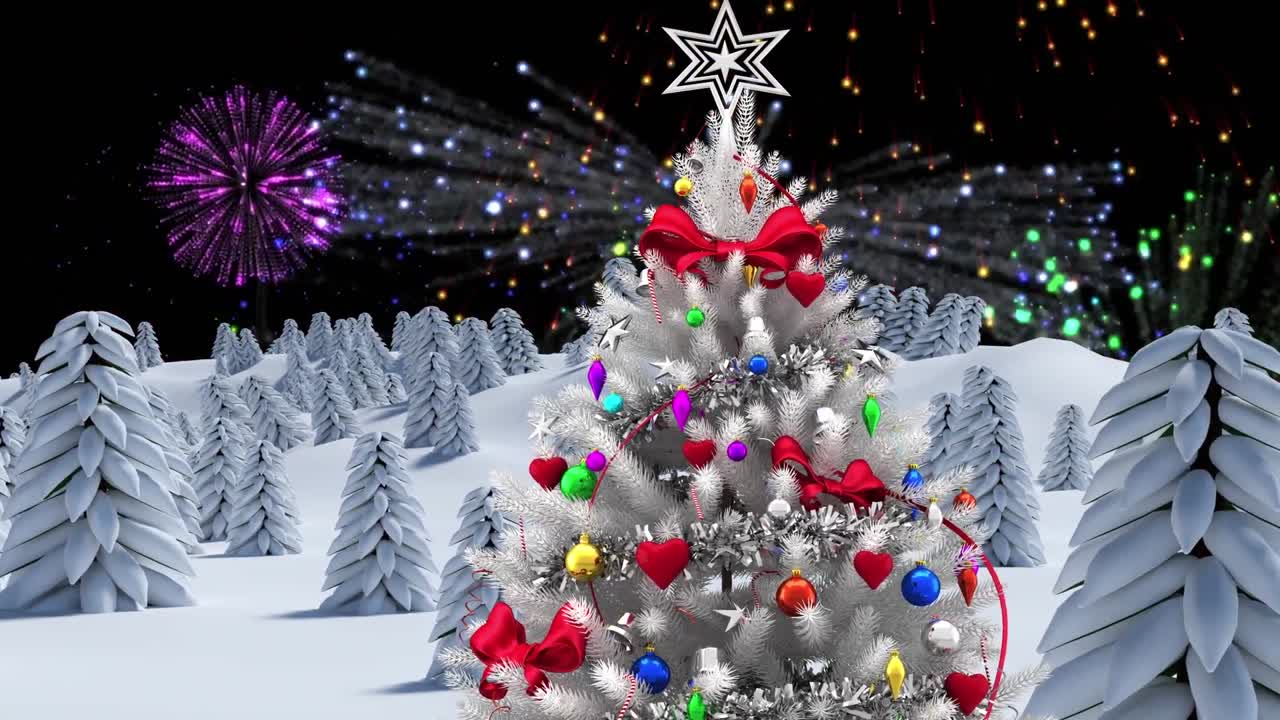 겨울 풍경 위에 불꽃놀이와 크리스마스 트리의 애니메이션