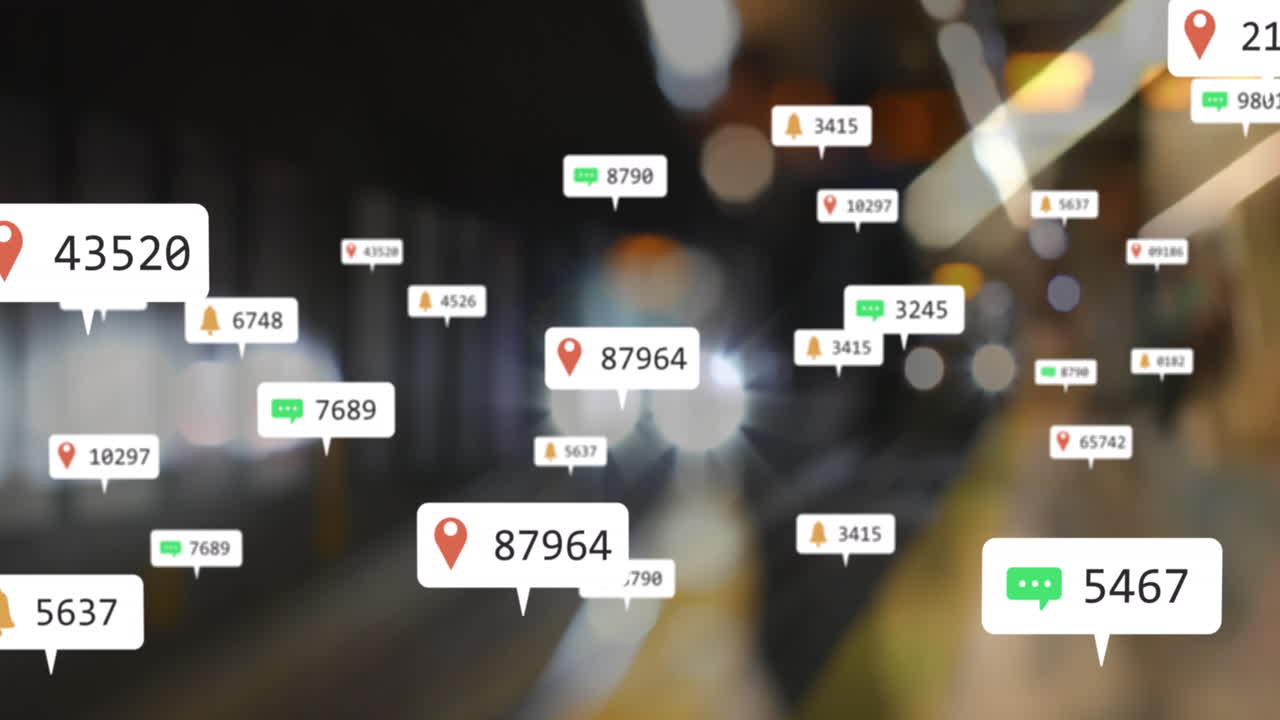 Animation of changing numbers, icon in notification bars, blurred train arriving at subway station