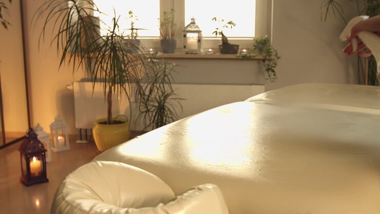 En profesjonell massør rengjør og desinfiserer massasjebordet sitt på spa-salongen med en spray og en klut.