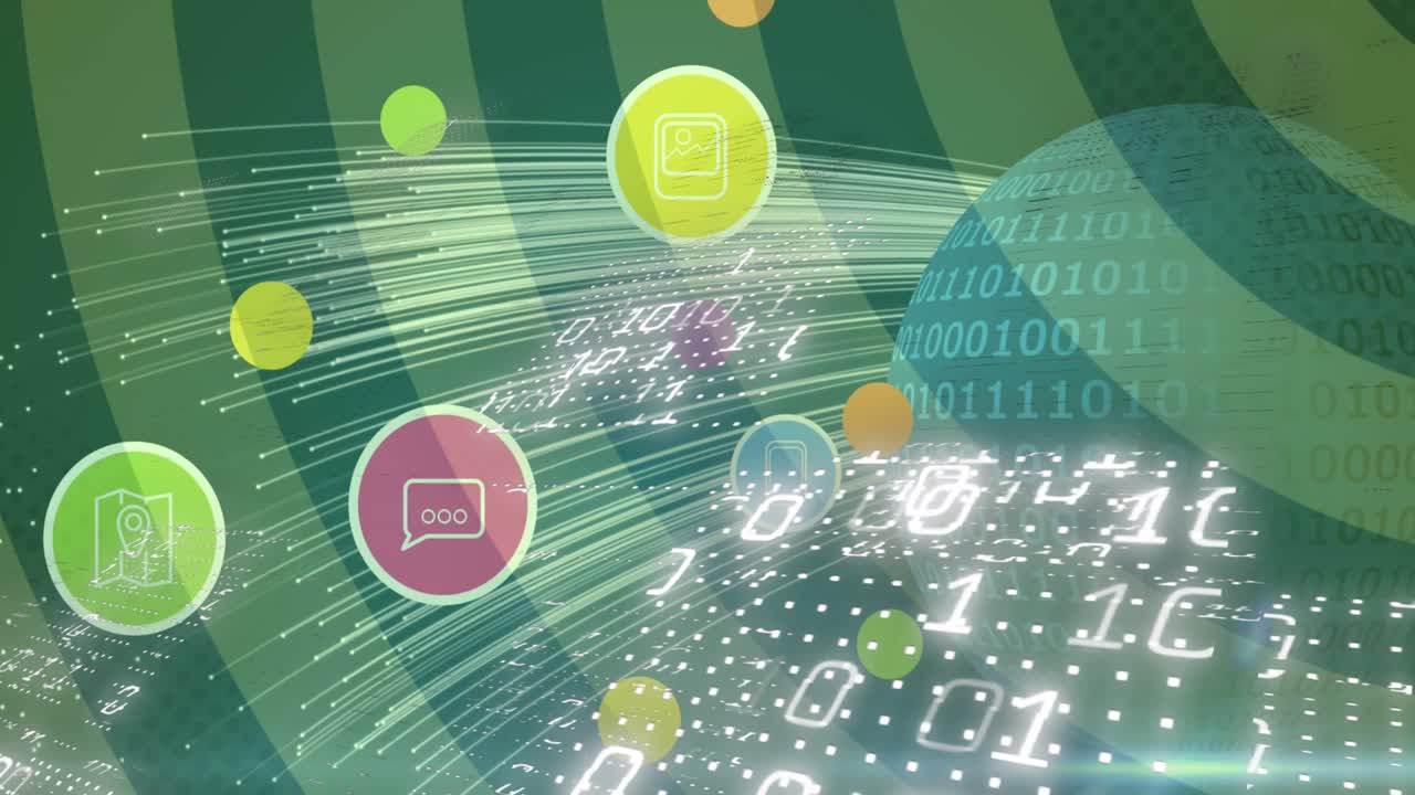 Animation of globe with digital icons over blurred background