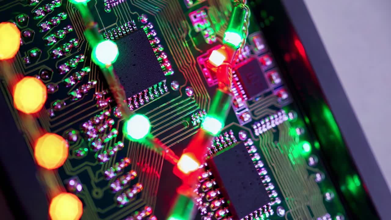 Close-up of a circuit board with colorful LED lights