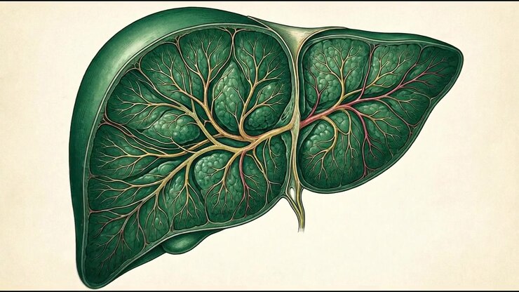Medical Illustration of Human Liver Anatomy with Vascular System