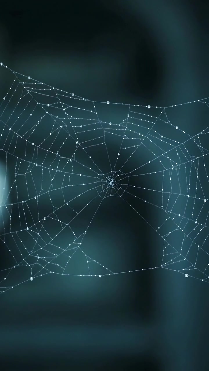 Video verticale: Ragnatela a telaio che oscilla spostando goccioline di rugiada attraverso un arco, sotto la luce e la brezza