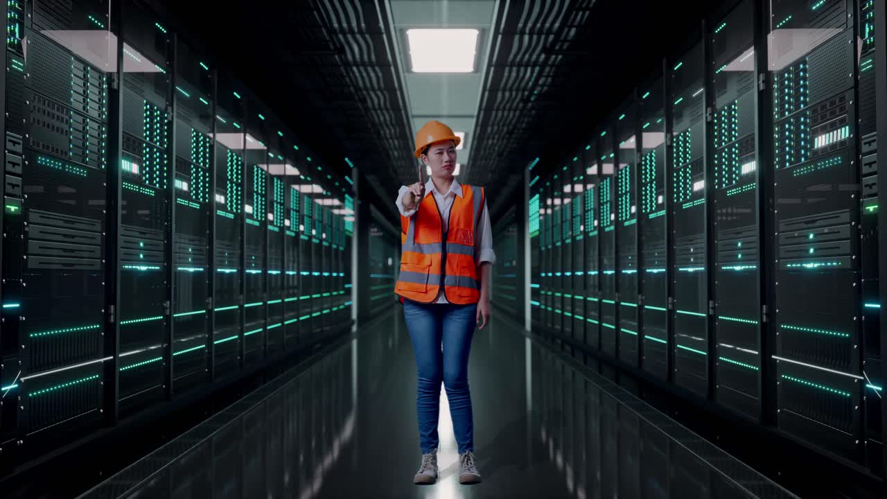 Full Body Of Asian Female Engineer With Safety Helmet Disapproving With No Index Finger Sign While Standing in Server Room Data Center