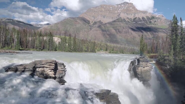 La telecamera panoramica dalle impetuose cascate Athabasca verso l'alto, rivelando nebbia, un debole arcobaleno, fitti sempreverdi e l'alta montagna con la cima innevata che si erge sopra la gola nel Parco Nazionale di Jasper