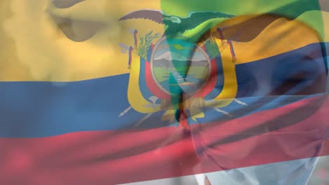 ecuador flag waving against caucasian female surgeon wearing face mask at hospital