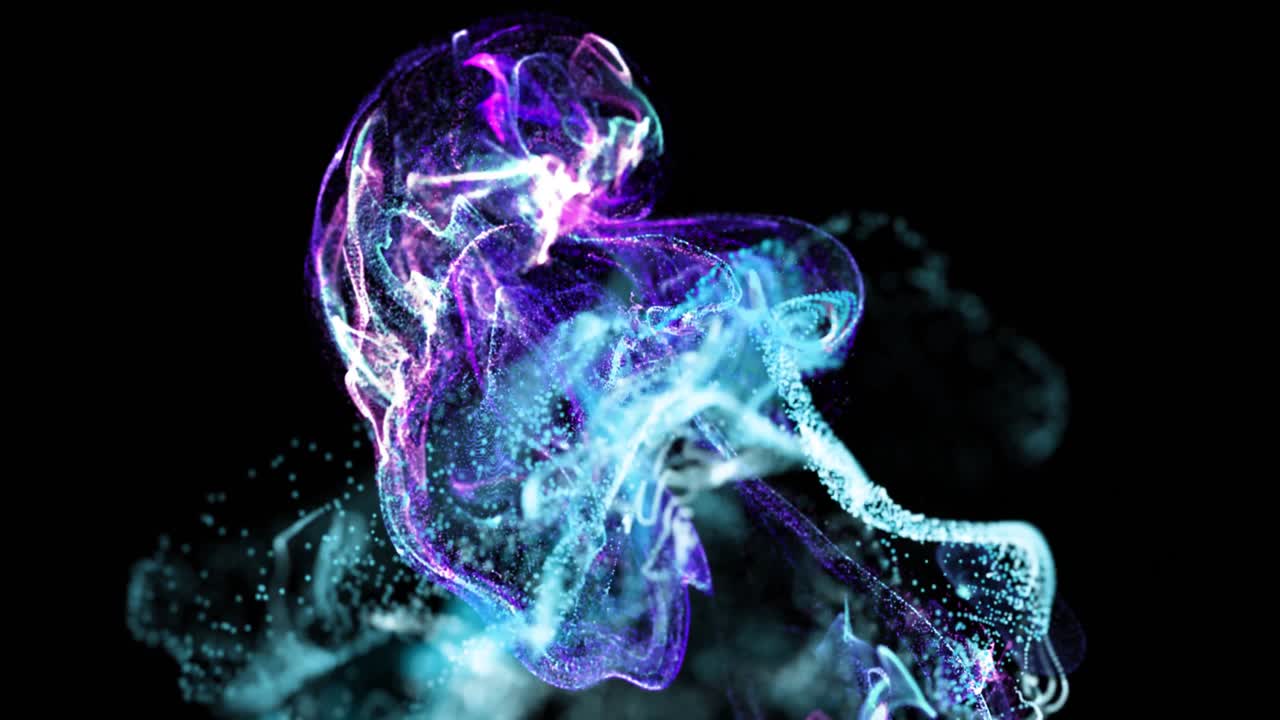 검은 바탕에서 움직이는 보라색과 파란색 입자 구름의 애니메이션