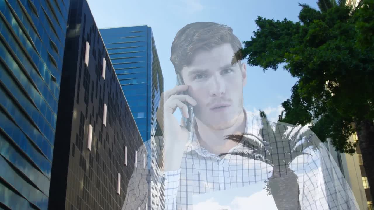 animación de un hombre usando un teléfono inteligente sobre el paisaje urbano