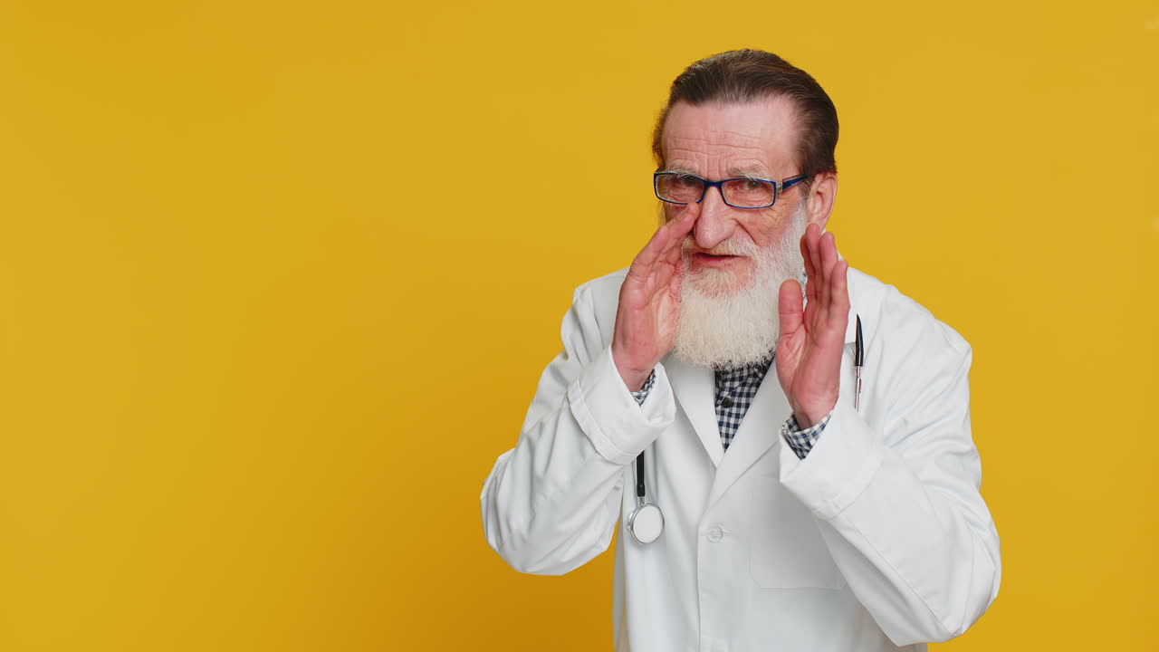 의사 남자 속삭이는 뉴스 소문 입 근처에 손을 잡고, 소문을 공유, 조용히, 내 비밀을 유지