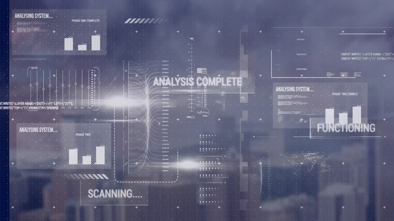 animación de la interfaz con procesamiento de datos y puntos de luz contra la vista aérea del paisaje urbano.
