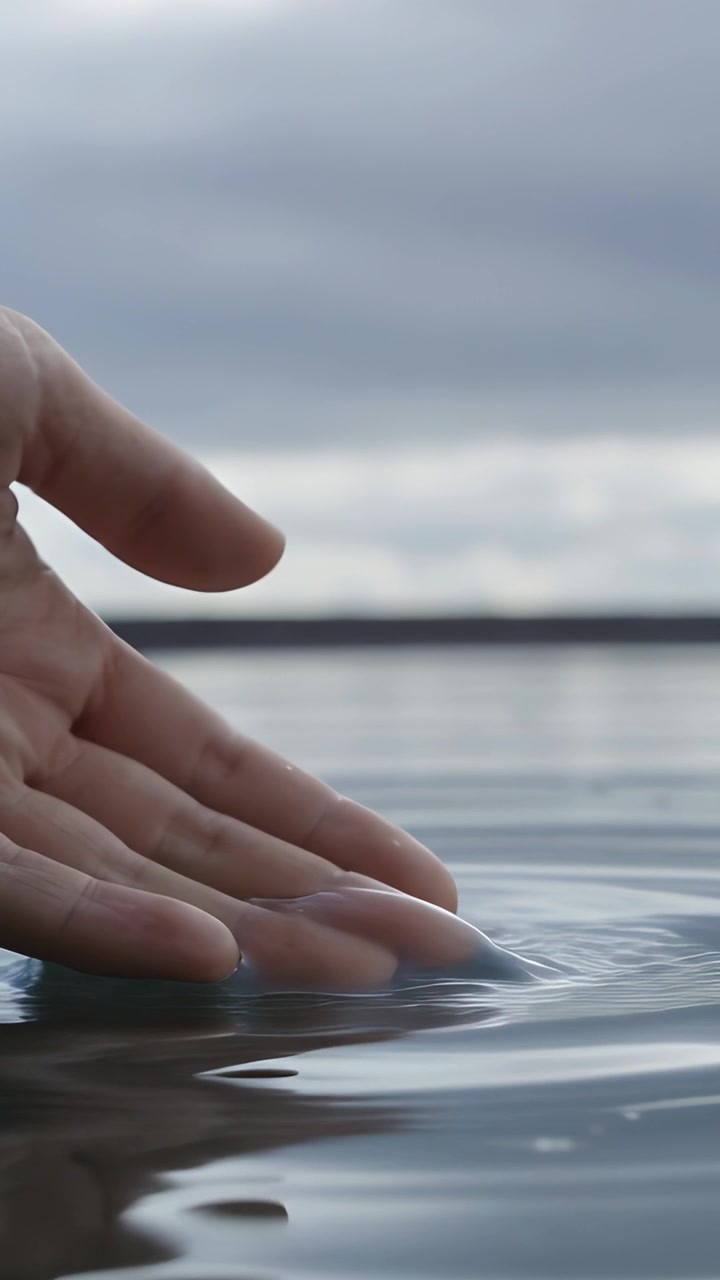 Video verticale: Mano che immerge le dita nel lago, esplorando la superficie e creando increspature, con spazio per il testo.