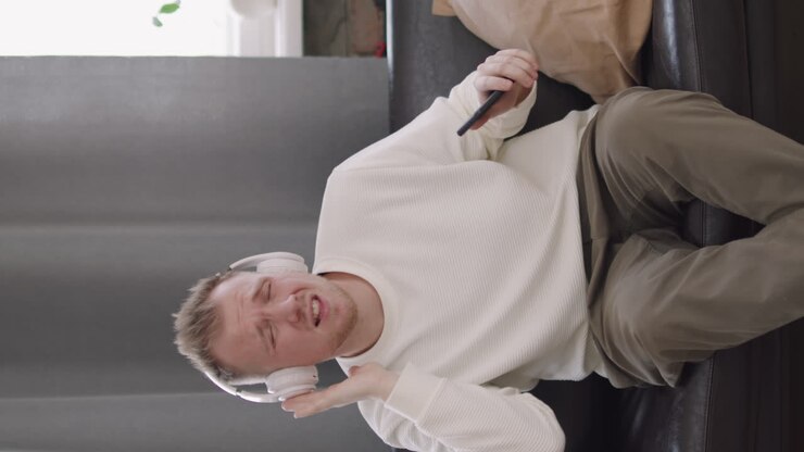 Man in Headphones Enjoying Music and Dancing