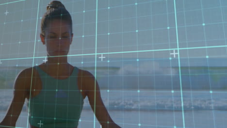 meditating on beach, woman with digital grid overlay creating animation effect