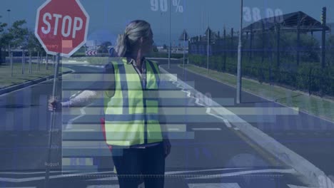 Animation-of-financial-data-processing-over-caucasian-schoolgirl-crossing-road-on-scooter