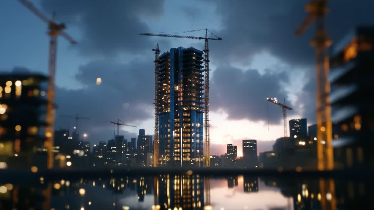 Uno splendido skyline cittadino presenta un moderno grattacielo in costruzione, illuminato contro un tramonto drammatico, che mette in risalto le gru e lo sviluppo urbano.