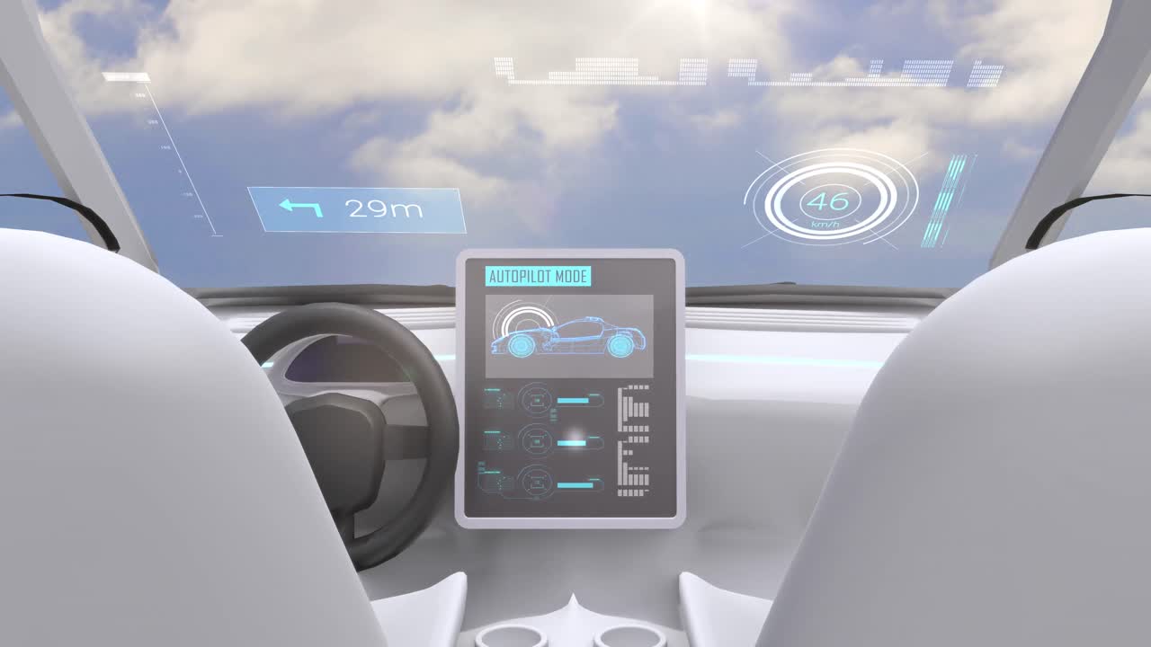 pantalla de simulación de videojuego que muestra la cabina del coche conduciendo en el cielo