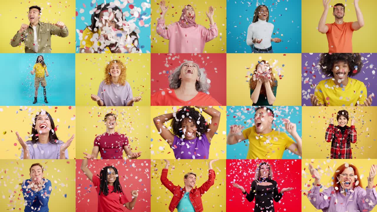 Diverse group of people celebrating with confetti