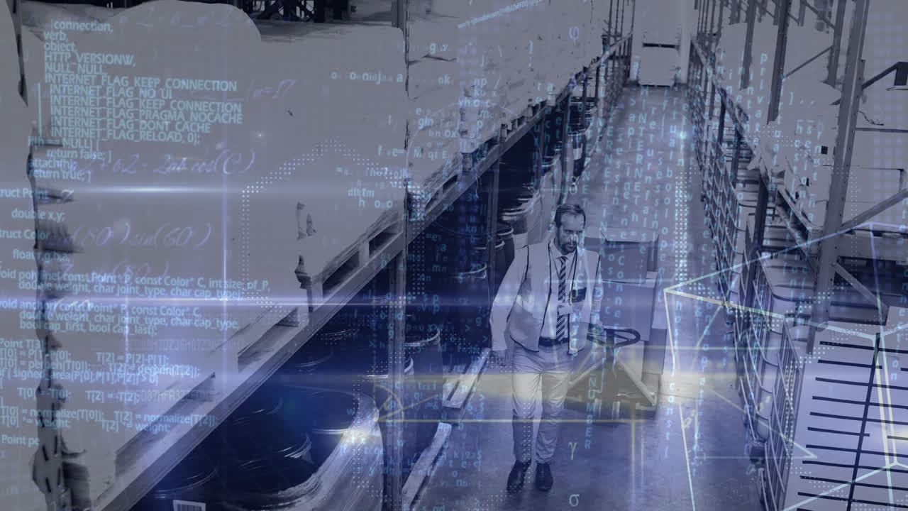 포크리프트를 사용하여 배달 상자를 운반하는 백인 노동자에 대한 기하학적 모양과 데이터 처리