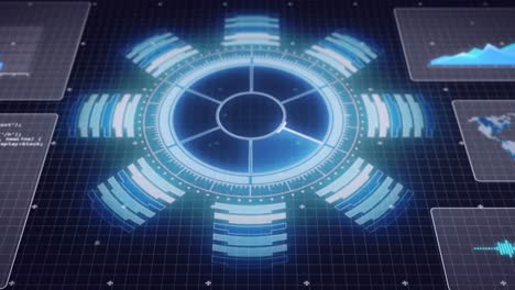animación del escaneo del alcance y el procesamiento de datos en pantallas sobre cuadrícula sobre fondo azul