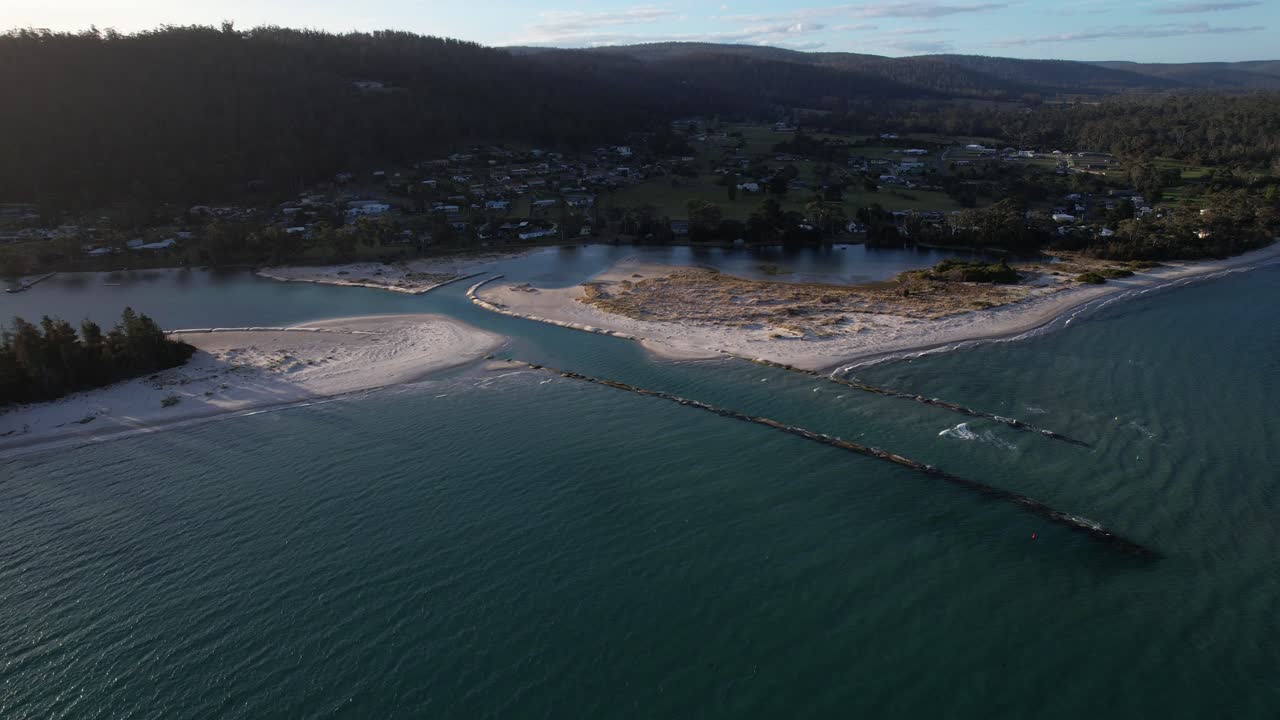 Landscape Of Orford Beach With Orford Passage In Tasmania, Australia - Aerial Pullback