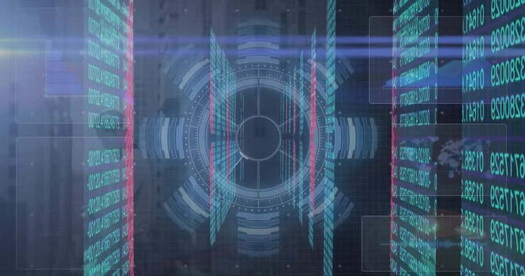 Animation of multiple screens with data processing and neon round scanner against tall buildings