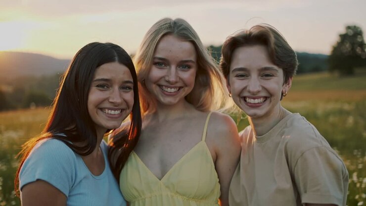 Trio di adolescenti che si appoggiano, si girano e ridono verso la telecamera in un prato mentre l'inquadratura si stringe, con prendisole.