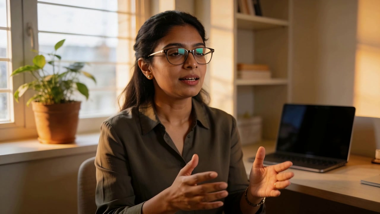 Young Woman Talking and Gesturing in Home Office