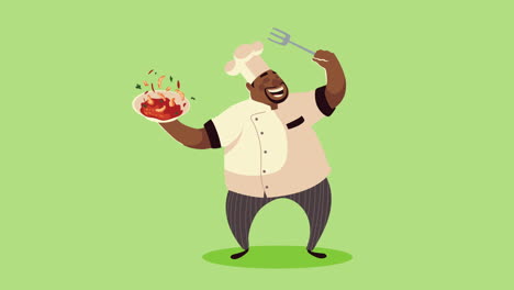 afro chef trabajador con comida animación de personajes cómicos