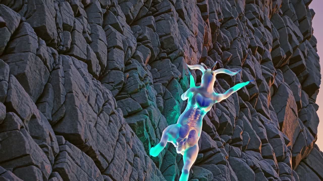 Glowing Creature Climbing a Cliff