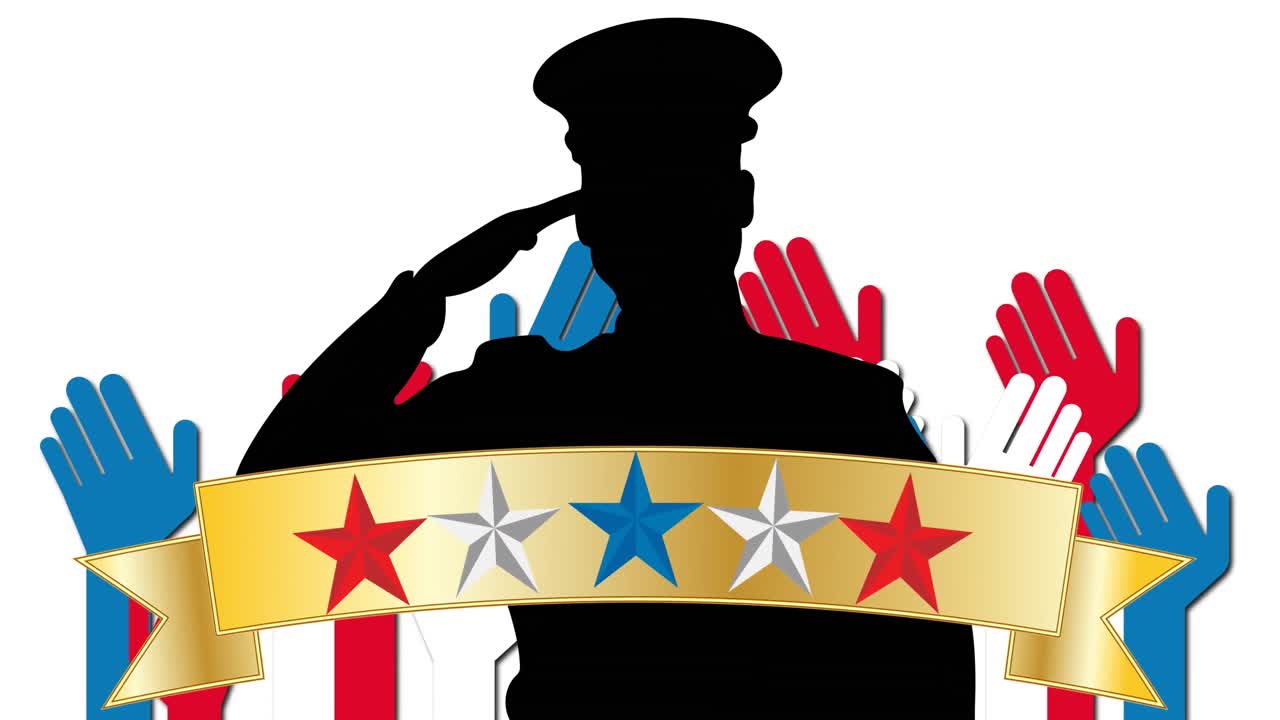 animación de estrellas rojas, blancas y azules, manos y soldado sobre fondo blanco