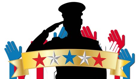 animation of red, white and blue stars, hands and soldier over white background