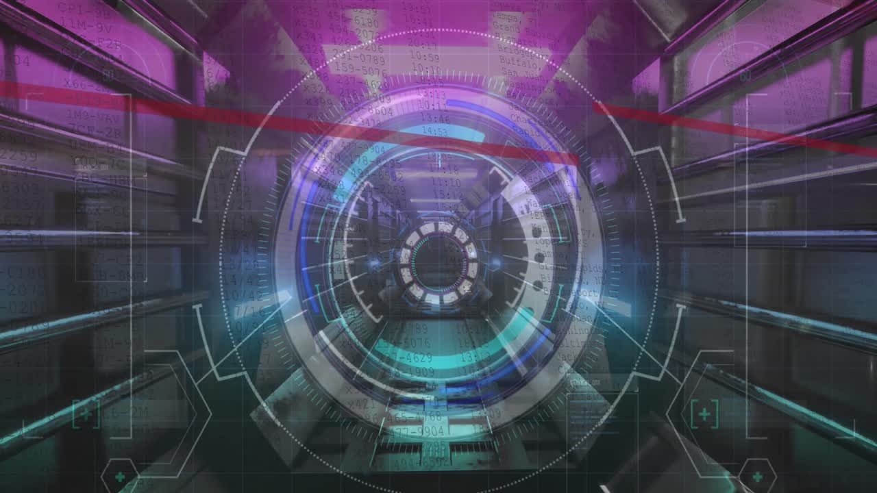 원형 모양의 표지판으로 3차원 조명 터널의 애니메이션