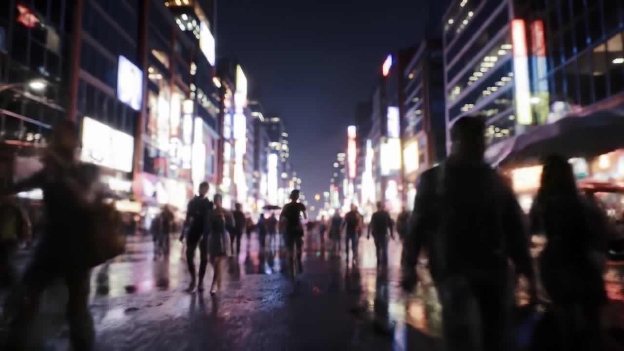 A Lively Nighttime Urban Scene with Crowds Walking on a Rain-Slicked Street, Illuminated by Vibrant Neon Signs and Bright Advertising Displays, Capturing the Essence of City Life.