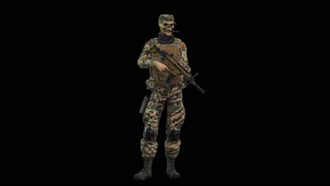 a skeleton head soldier wearing a military uniform, holding a machine gun, and having a cigar in his mouth, standing idle on black background, with alpha channel,, 3d animation, animated character