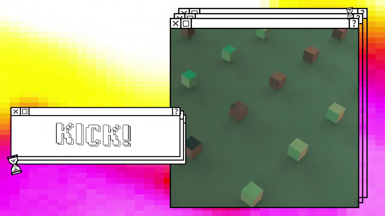 Animation of kick text over computer screens and vibrant background