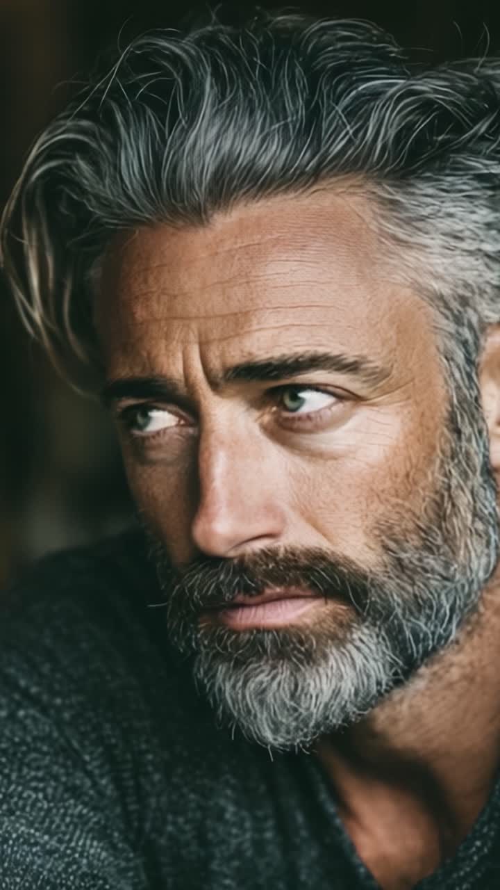Ritratto in Primo Piano di un Uomo Pensieroso con Capelli Grigi e Barba, Che Cattura Emozione e Profondità in un Ambiente Naturale
