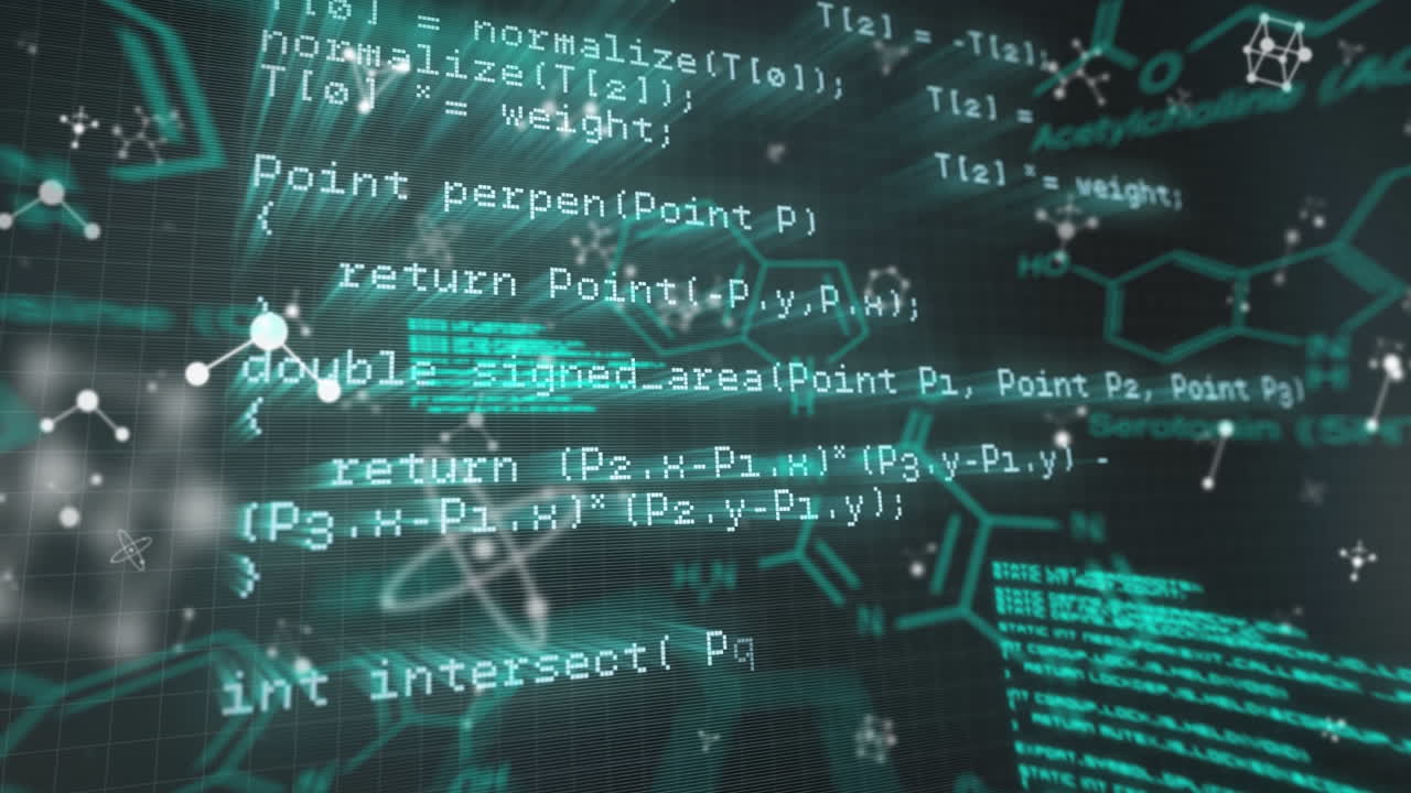 Animation of computer and scientific data processing on black background