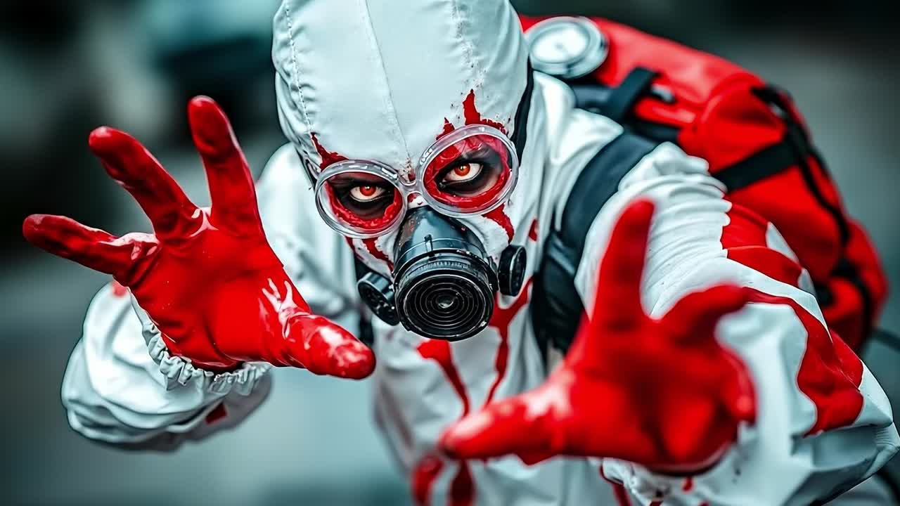 A man in a gas mask and red gloves is posing for a picture