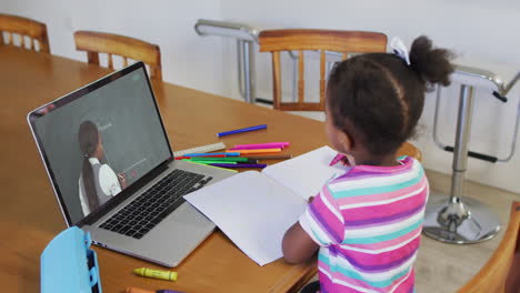 chica afroamericana haciendo la tarea mientras hace una videollamada en una computadora portátil en casa