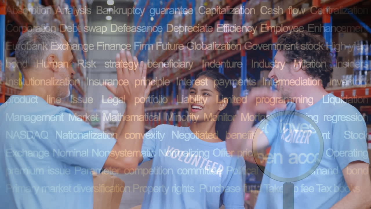 Animation of keywords over happy male and female warehouse volunteers