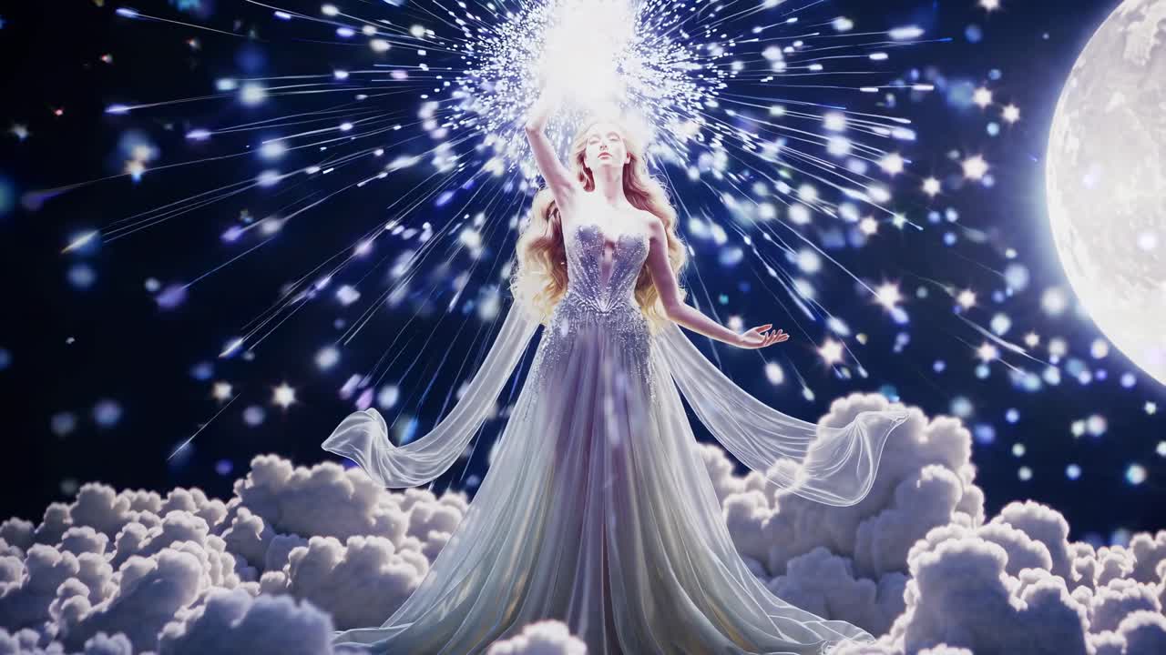 A celestial-themed video scene shows a woman in a flowing gown standing on clouds, with a low-angle