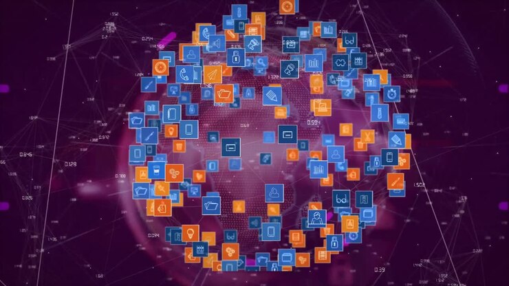Animation of globe with icons and network of connections