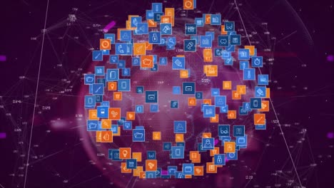 Animation-of-globe-with-icons-and-network-of-connections