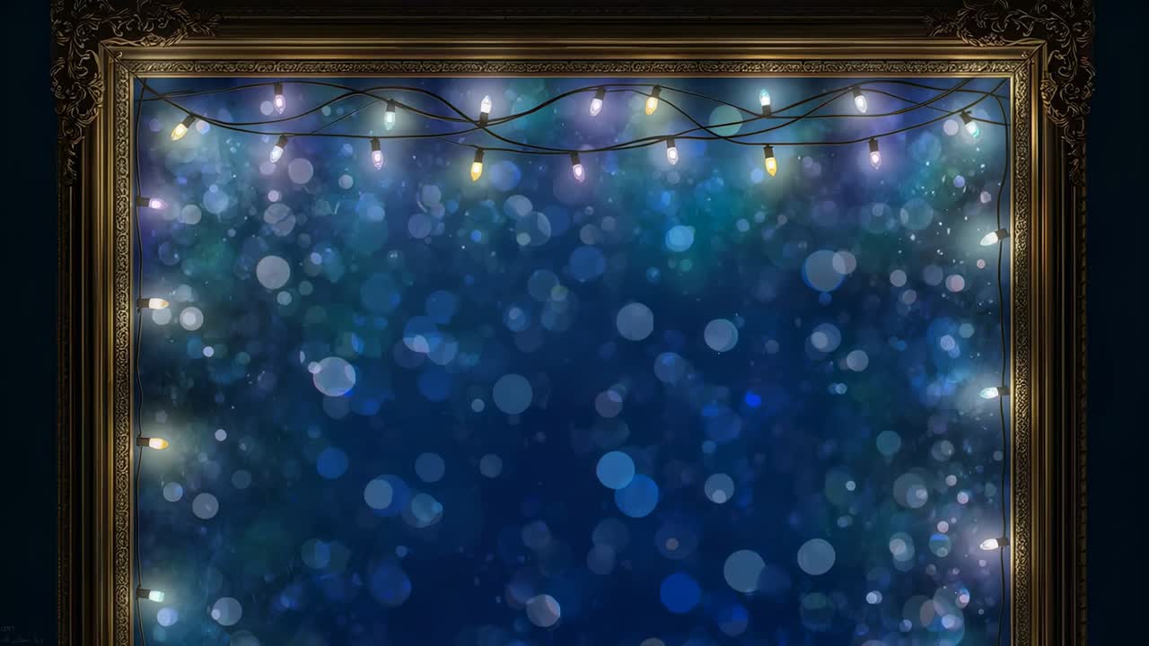 Změna intenzity žárovky způsobující, že se ozdobný zlatý rám třpytí na tmavé stěně, s modrým bokeh