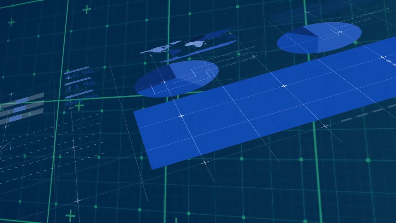 Digital animation of statistical data processing over grid network on blue background